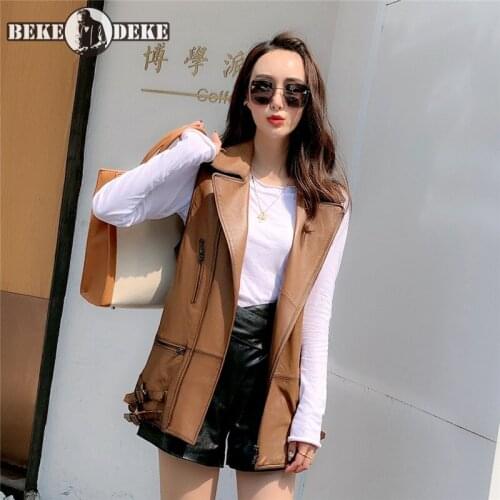 New Fashion Women Vests Motorcycle Sleeveless Jacket Spring Autumn Vintage Genuine Leather Waistcoat Zipper Sheepskin Vest Coats
