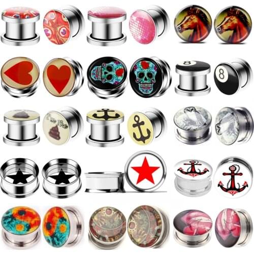 1Pair Stainless steel yinyang ear tunnel plug 3-20mm skull ear gauge tunnel plug saddle flesh tunnel heart Oreja Dilataciones