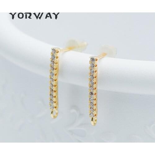 10pcs/Lot CZ Paved Ear Posts with Loops, Real Gold Plated Brass Bar Stud Earrings (#GB-348)