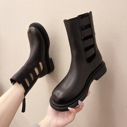 2021 Fashion Womens Spring Martin Boots In Tube Round Head Telescopic Belt Rear Zipper Sexy Thick Bottom Thick Heel Zapatillas