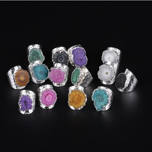 Big polished multi colors geode crystal stone slice bead charm open wide wrap hammered resizable ring cuff for woman man