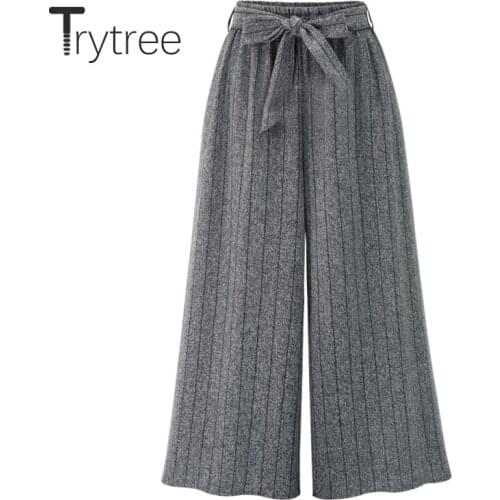 Trytree 2020 Summer Women Pants Casual Loose Wide Leg Pants Elastic Waist Belt Fashion Stripe 2 Color Elegant Ankle-Length Pants