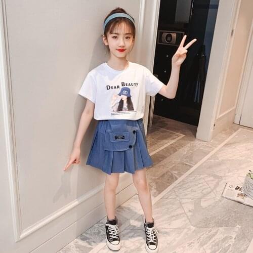 Teenage Girls Summer Printing Tshirt + Pleated Dress Girl Outfit Summer Kids Tracksuit Student Suit Skirt 2PCS