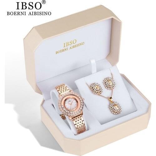 IBSO Brand New Womens Watch Set Rose Gold Watch Earring Necklace Set Jewelry Sets Hot Sale Mothers Day Gift Dropshipping