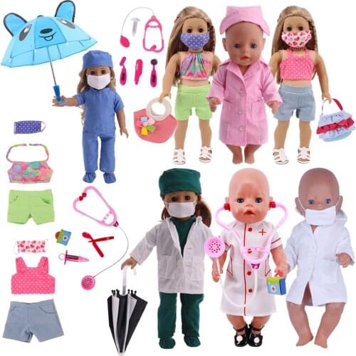 Doll Clothes Umbrella Mask Doctor Nurse Uniform Clothes+Toys Medical Equipments Fit 18 Inch American Doll&43 Cm Baby Doll Girl