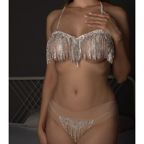 Sexy Tassel Rhinestone Bra And Thong For Women Iced Out Body Chain Set Charm Bikini Party Jewelry Gift dropshipping