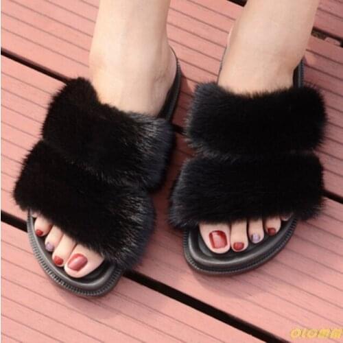 Luxury Mink Fur Slippers Women Fur Slides Real Mink Hair Sandals Double Buckle Fur Shoes Fashion Woman Luxury Brand Mink Shoes