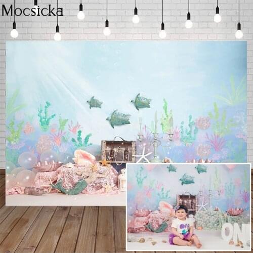 Mermaid Underwater World 1st Birthday Photography Background Conch Decor Props Newborn Child Cake Smash Backdrop Photo Studio