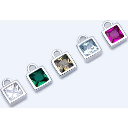 10pcs CZ Paved Silver Square Charms, Mini Cube Pendants, Rhodium plated Brass, Multi Colors For Jewelry DIY Findings(GB-1033)