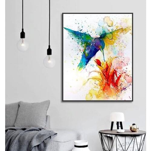 Nordic Modern Watercolor Hummingbird Flowering Canvas Painting HD Printed Wall Art Poster for Living Room Home Decoration