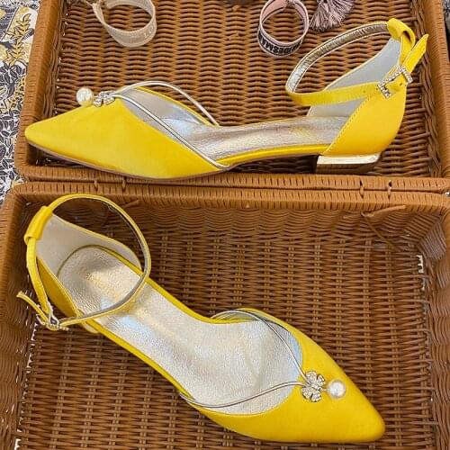 Casual Womens Shoes Pointed Toe Satin Bridal Wedding Flats Ankle Strap Yellow Evening Party Flats Ballerinas Low-Heeled Shoes