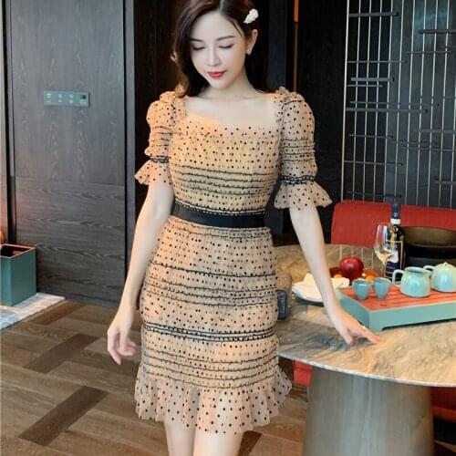 Vintage sexy lace short dress women puff sleeve dresses dots female Luxury slim party mini dress vestidos