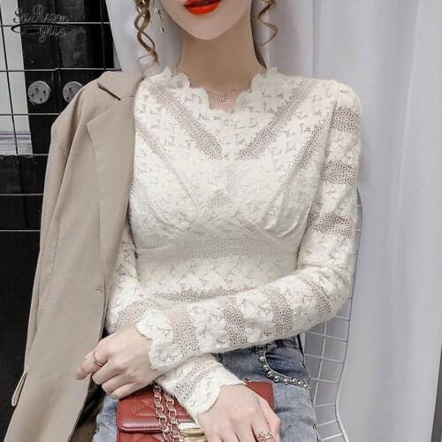 Crochet Lace Sexy Blouse Vintage White Shirts Spring Hollow Out V-neck Female Shirts Tops Casual Puff Sleeve Korean Blusas 12626