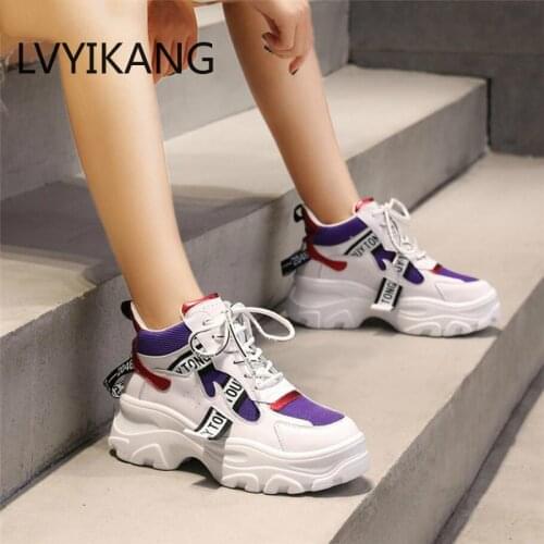 LVYIKANG 2019 Spring Leather Mesh Womens Platform Chunky Sneakers Fashion Women Flat Thick Sole Shoes Woman Dad Footwear 35-39