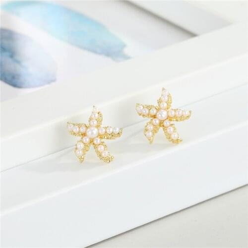 Metal Imitation Pearl Starfish Coral Stud Earrings For Womens Gift Jewelry Fashion Cute Irregular Flower Stars Stud E394