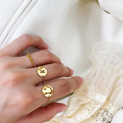 USTAR Titanium steel adjustable Rings for women Smiling face Letter M gold color Rings Female jewelry Accessories
