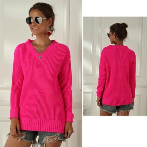 Women Long Sleeve Chunky Knit Sweater Sexy V-Neck Neon Solid Loose Jumper Tops Dropshipping