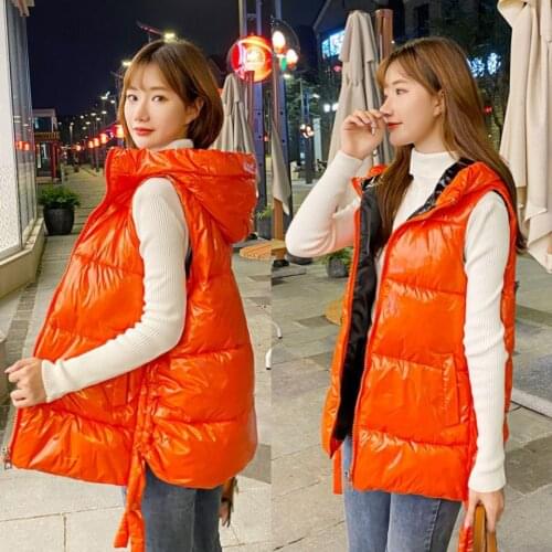 2021 Winter Vest Women Waistcoat New Female Sleeveless Jacket Spliced Lining Hooded Warm Shinny Short Vest Outwear