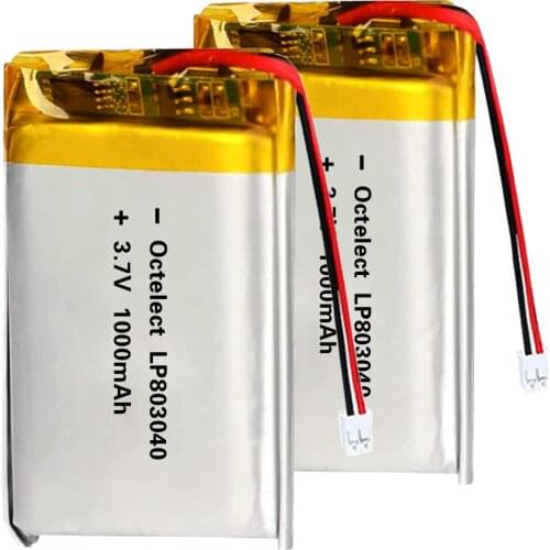 2PCS 3.7V 1000mAh 803040 Lipo Battery Rechargeable Lithium Polymer ion Battery Pack with JST Connector