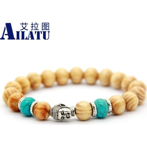 Ailatu Wholesale New Arrival 12 pieces/lot Mens Beaded Buddha Meditation Wood Bracelet Jewelry