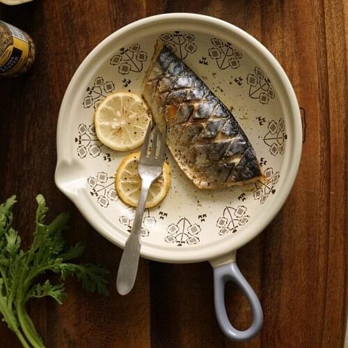 Retro Japanese Style Single Handle Ceramic Plate Household Baking Tray Salad Dish Baked Rice Plate Dish Stoneware Flat Bottom