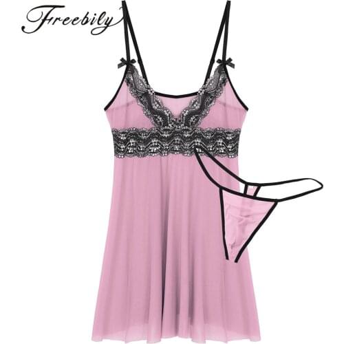 Men Sissy Dress Set Sheer Lace Mesh Mini Night Dress with G-String Nightwear Lingerie