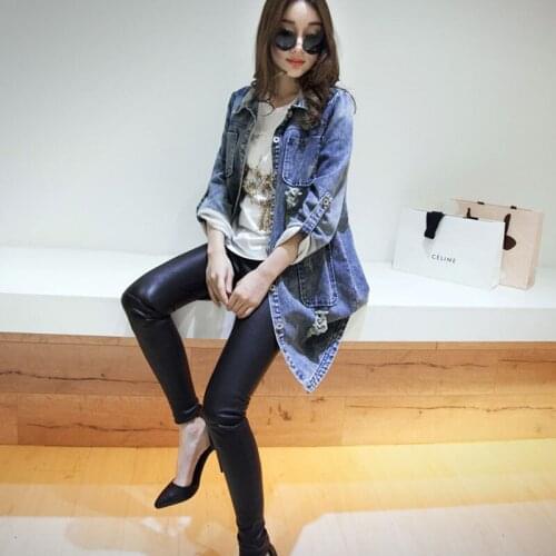 Fashion Spring Autumn Women Long Sleeve Hole Roll Up Jeans Coat Female Casual Vintage Loose Denim Jacket Outerwear Plus Size 5XL