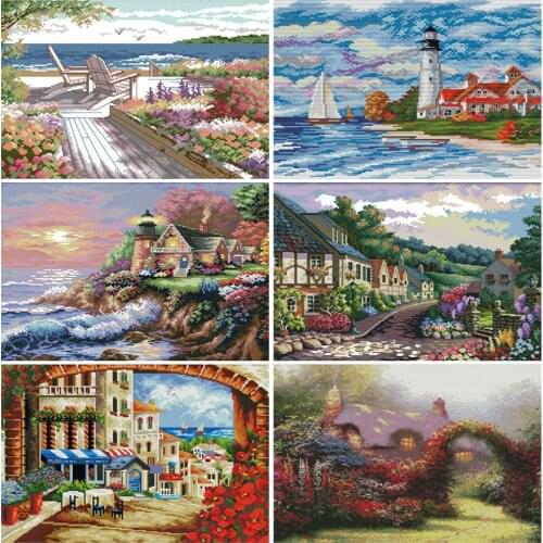HUACAN Cross Stitch Seascape Kits White Canvas Needlework 11CT 14CT Gift DIY Embroidery Landscape Sets Home Decoration