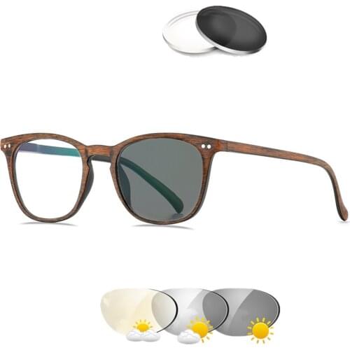 NOMANOV Vintage Round Wooden Frame Photochromic Gray Progressive Multifocal Reading Glasses Add 75 to Add 400