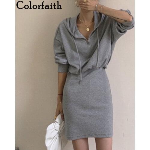 Colorfaith New 2020 Womens Autumn Winter Dresses Solid Hooded Fashionable Elasticity Elegant Package Hip Sexy Lady Dress DR6357