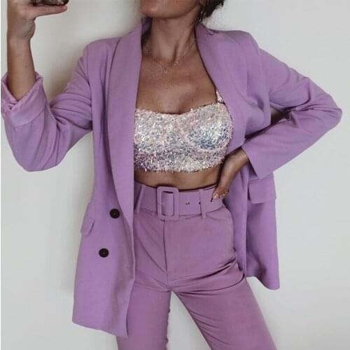 Foridol Belt High Waist Blazer Straight Pants Pantalones De Mujer Purple Streetwear Pencil Pants 2021 Ladies Pants Trousers