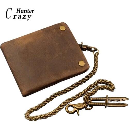 Popular Vintage Cowhide Genuine Leather Card Holder Wallet With chain
