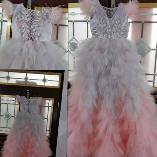 Luxury gray pink feather puffy girls birthday dresses gowns feather luxury celebration beading net dresses real photos custom