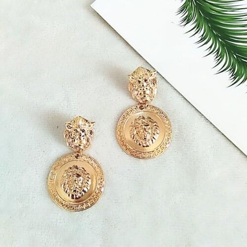 Embossed Lion Head Metal Earrings Vintage Style Earrings Personality Baroque Totem Ear Ring Simple Coin Earrings Fashion Jewelry