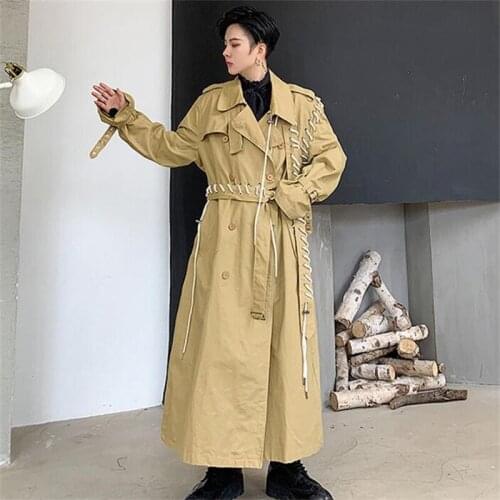 Cross bandage mens trench coats man пальто erkek mont khaki long men clothes Irregular double breasted overcoat long sleeve b455