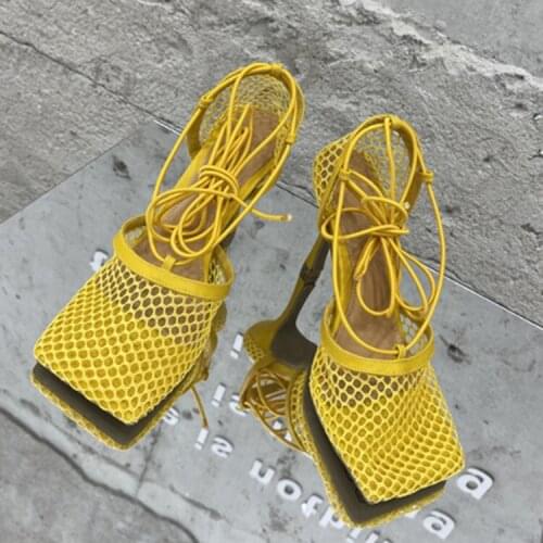 Sexy Yellow Mesh Pumps Sandals Women Square Toe High Heel Lace Up Cross-tied Hollow Dress Shoes