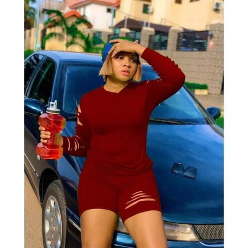 Ueteey New Two-piece Casual Fashion Solid Hole Design Women Pant Set