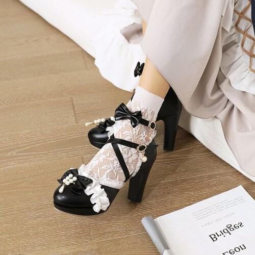 IPPEUM Womens Shoes Lolita Mary Janes Women High Heels Shoes Sweet Bowknot Ruffles Dress Party Wedding Shoes Bridal Princess