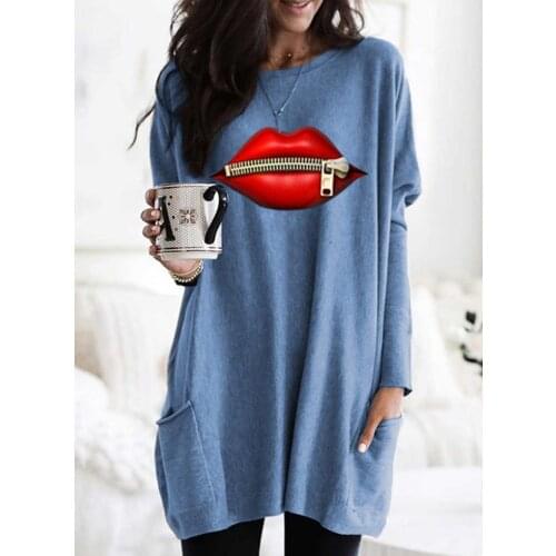 Womens Autumn 2020 New Personality Lip Print Long-sleeved Top Round Neck Long Sports and Leisure Pullover Top