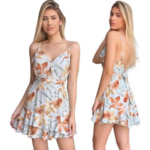 Printed Sleeveless Backless Strap V Neck Womens Summer Elegant Dress Floral Ruffle Mini Casual Beach Dresses Girl 2021 Boutique
