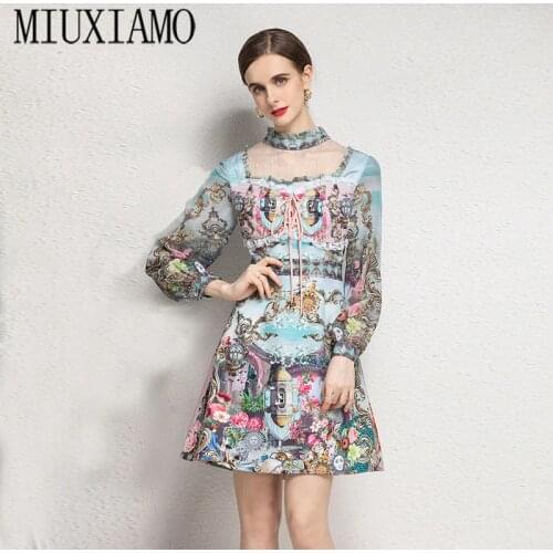 MIUXIMAO 2021 Summer Runway New Women Pretty Print Vintage Casual Lace Ruffles Elegant Full Sleeve Fashion Mini Dress Vestidos