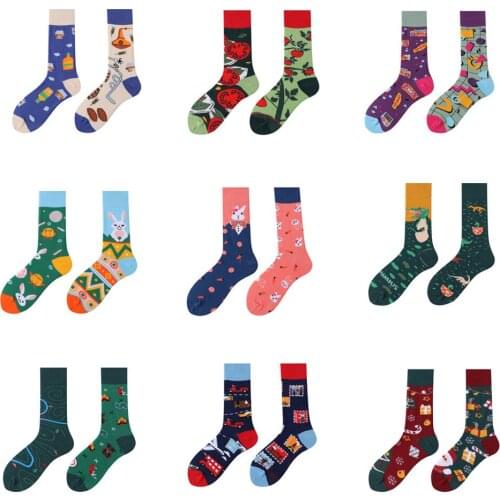 Asymmetry Cotton Mens Socks Colorful Print Long Socks Man Harajuku AB Side Happy Socks Unisex Calcetines Hombre