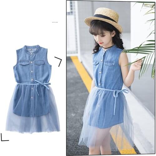 Childrens Clothing for Girls Party Denim Princess Dress 2021 Summer 2Pcs/Set Dress Sleeveless Jean Mesh Skirt Age 3-10T