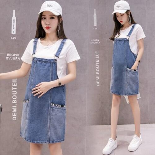 Denim Maternity Bib Overalls Casual Fringe Mini Denim Dresses for Pregnant Women Fashion Deep Blue Pregnancy Dresses