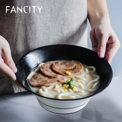 FANCITY Household Eating Bowl Single Japanese Noodle Bowl Simple Creative Personality Striped Ramen Bowl Ceramic Large White Bla