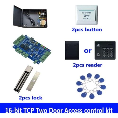 RFID access control kit,TCP two door access control+powercase+280kg magnetic lock+ID reader+exit button+10 ID tags,sn:kit-B206