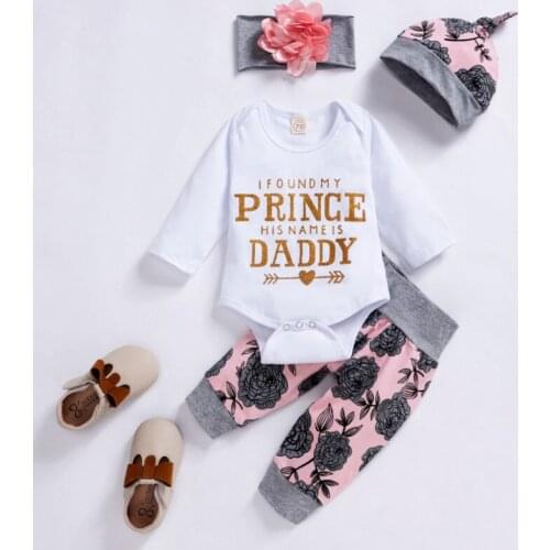 4PCS Baby Girls Clothes Set Letter Print Top Romper Floral Long Pants Headband Outfits Clothes Spring Autumn