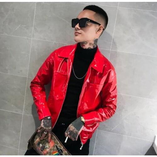 Red motorcycle leather jacket men pu coat Glossy reflective masculino motoqueiro chaqueta hombre mens faux leather coats