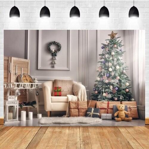 Laeacco Indoor vintage wall Christmas tree Gift Bear Carpet Baby Birthday Backdrop Photographic Photo Background For Photo Studi