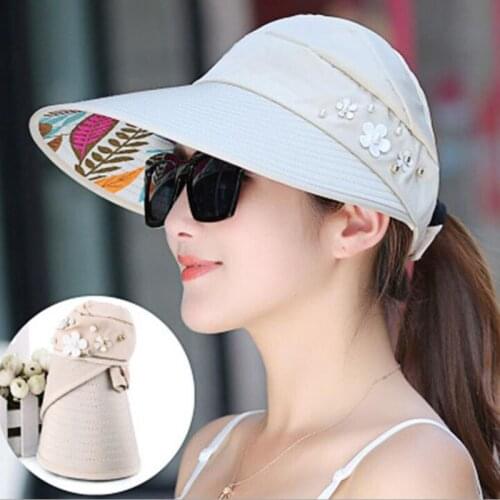 Hot summer sun hat with pearl adjustable big heads wide-brimmed beach hat UV protection packable sun visor hat with